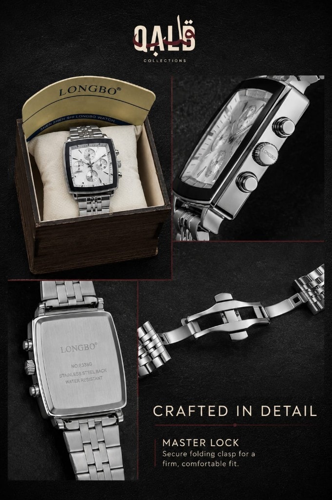 Longbo Master Lock details — boxed watch, side profile, stainless back and folding clasp