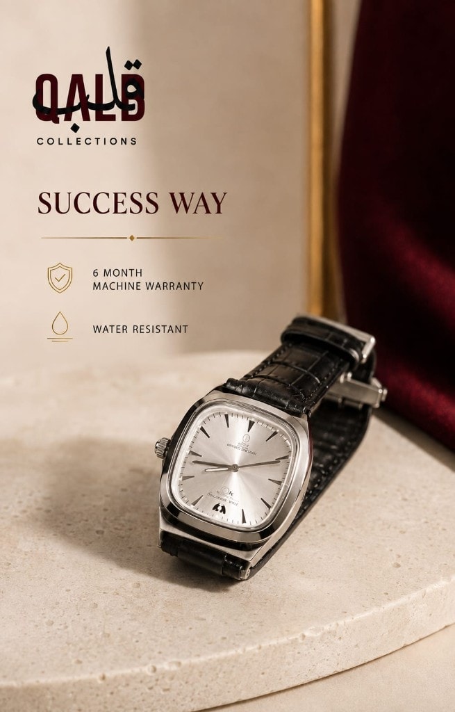 Success Way automatic cushion watch on cream stone with burgundy velvet
