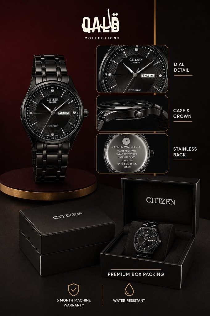 Citizen black day-date details — dial, case and crown, stainless back and presentation boxes
