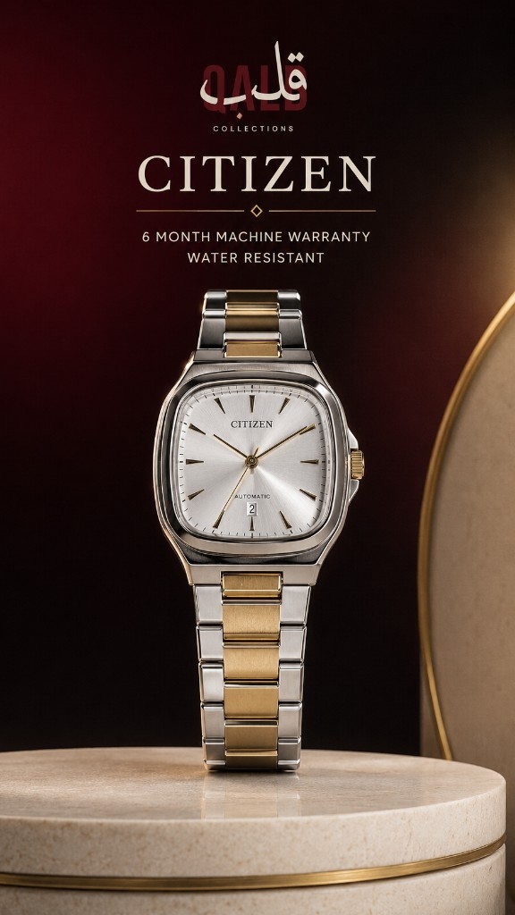 Citizen square two-tone automatic with a silver dial on a cream marble pedestal