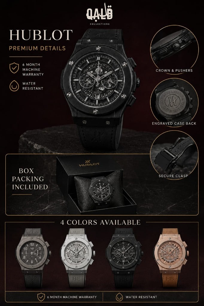 Hublot chronograph detail photography — case, bezel screws and rubber strap