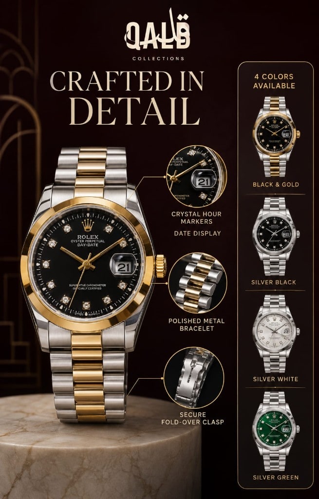 Rolex Day-Date details — crystal hour markers, polished bracelet, clasp and four colourways