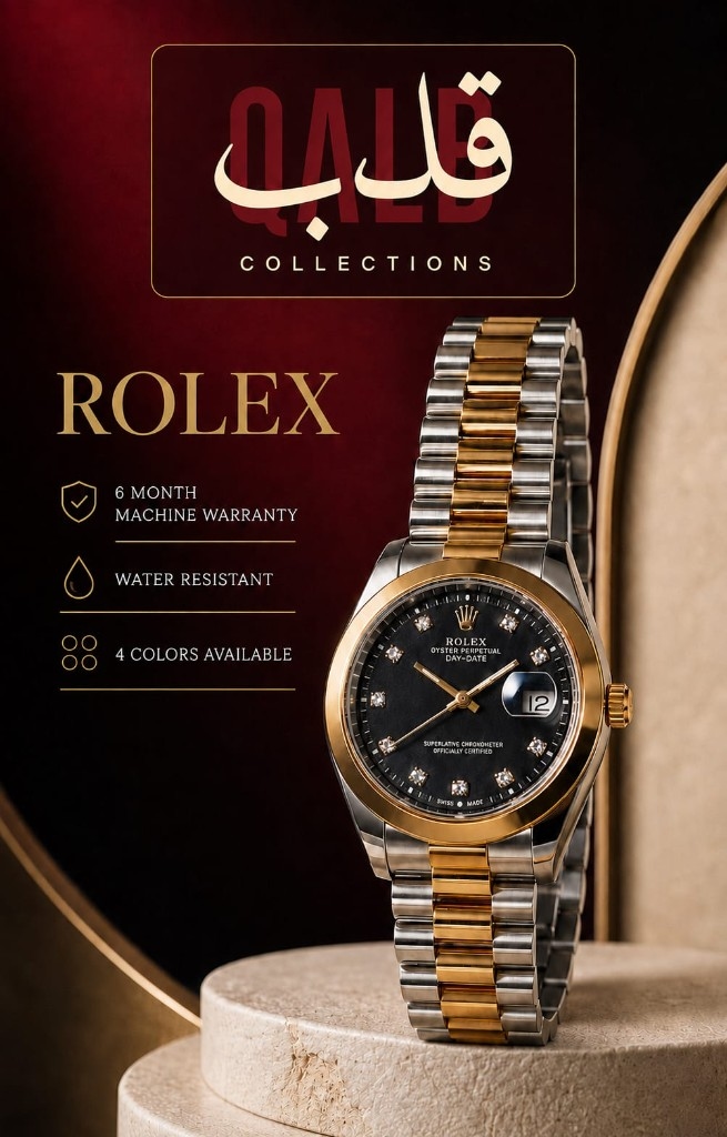 Rolex Day-Date two-tone with black dial standing on a stone pedestal