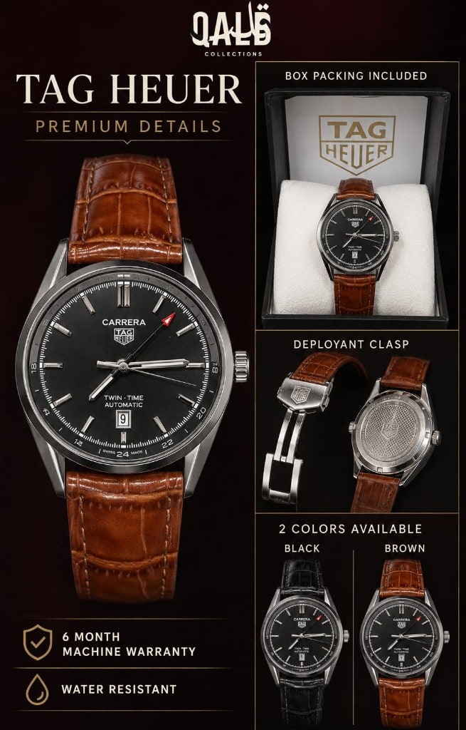TAG Heuer Carrera Twin-Time details — presentation box, deployant clasp and strap colours